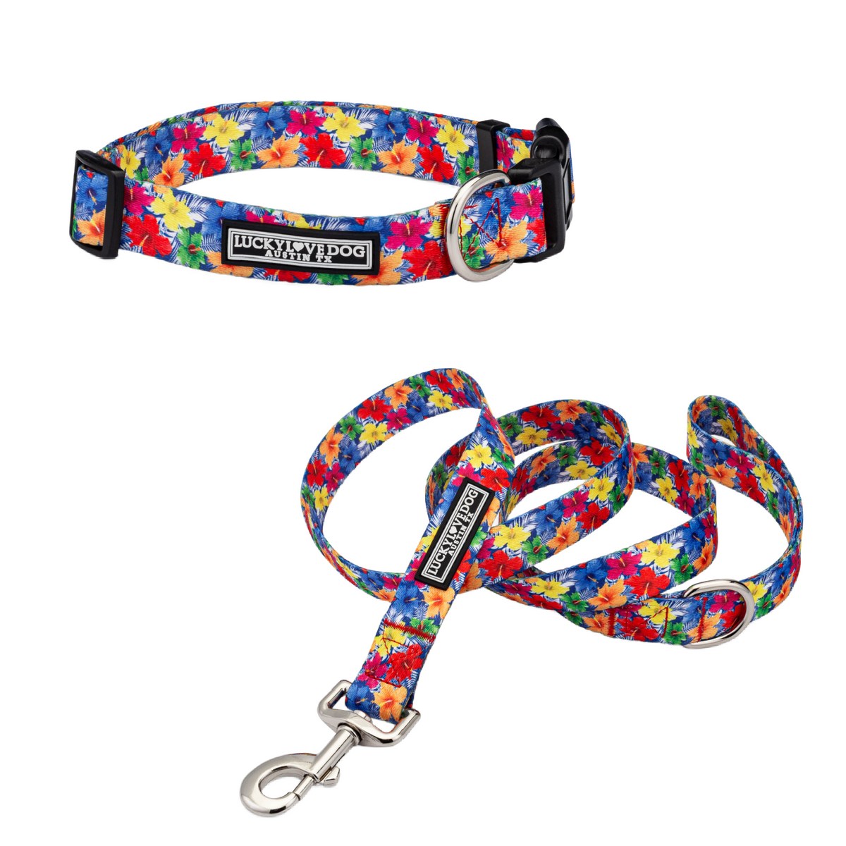 Brightly colored dog collar and leash set with a tropical hibiscus flower pattern.