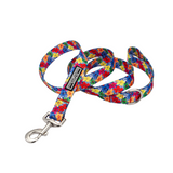 Bright blue dog leash with a colorful, tropical hibiscus flower pattern and a silver clasp.