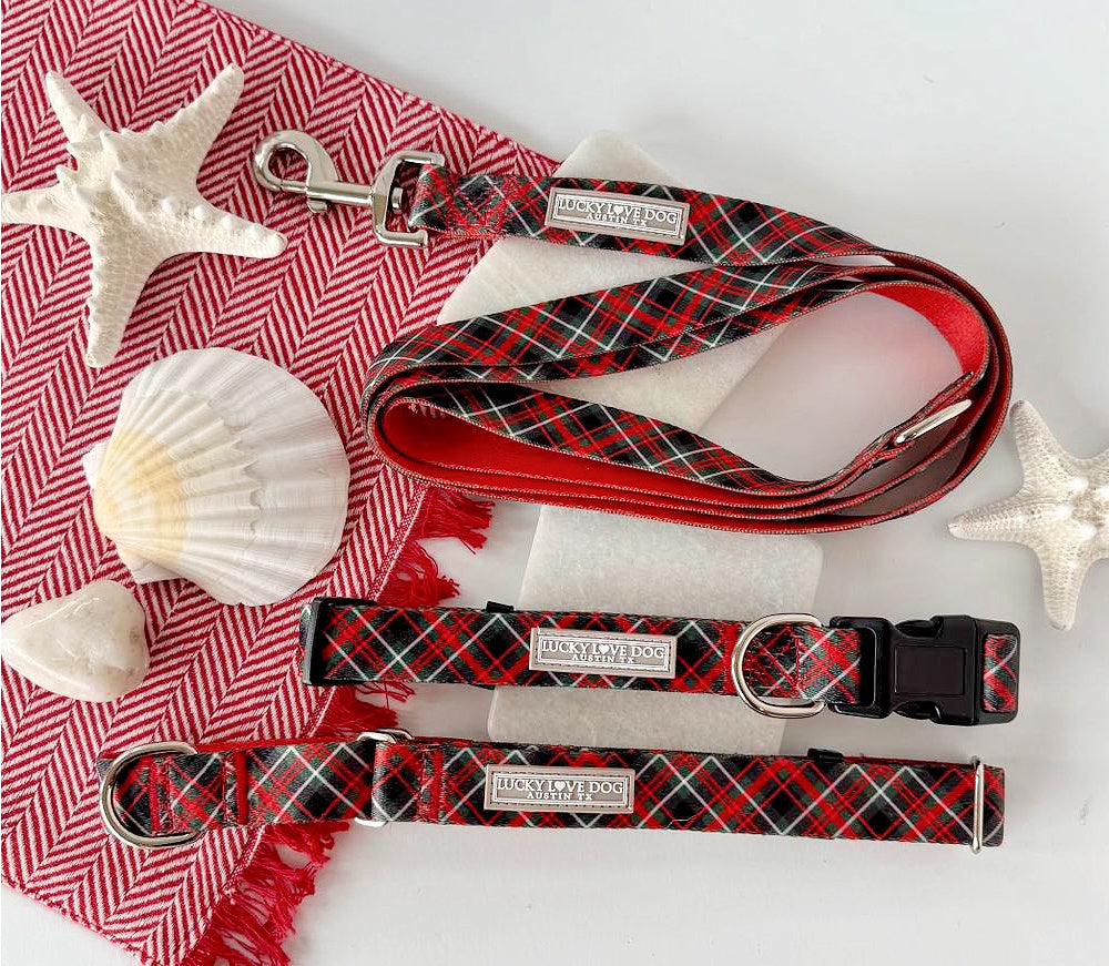 Festive red plaid dog accessories arranged with shells and starfish.