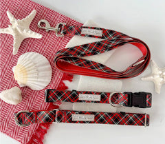 Festive red plaid dog accessories arranged with shells and starfish.