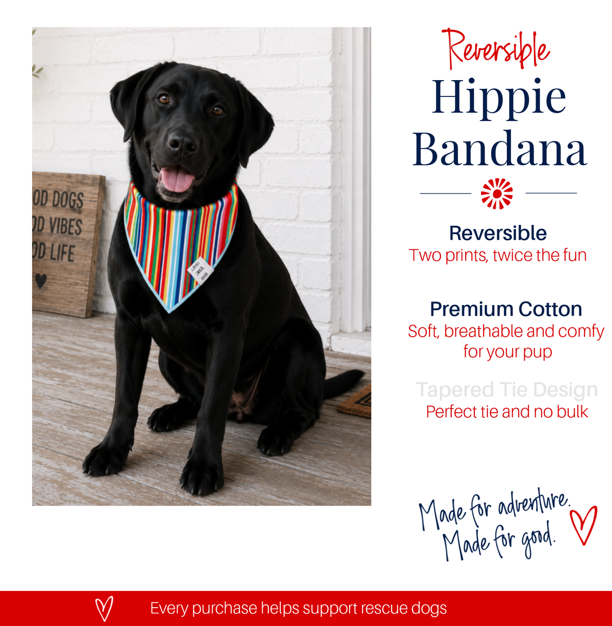 Black dog wearing a colorful bandana with product description text on a white background