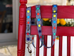 Colorful polka-dot dog leash draped over a red wooden chair.