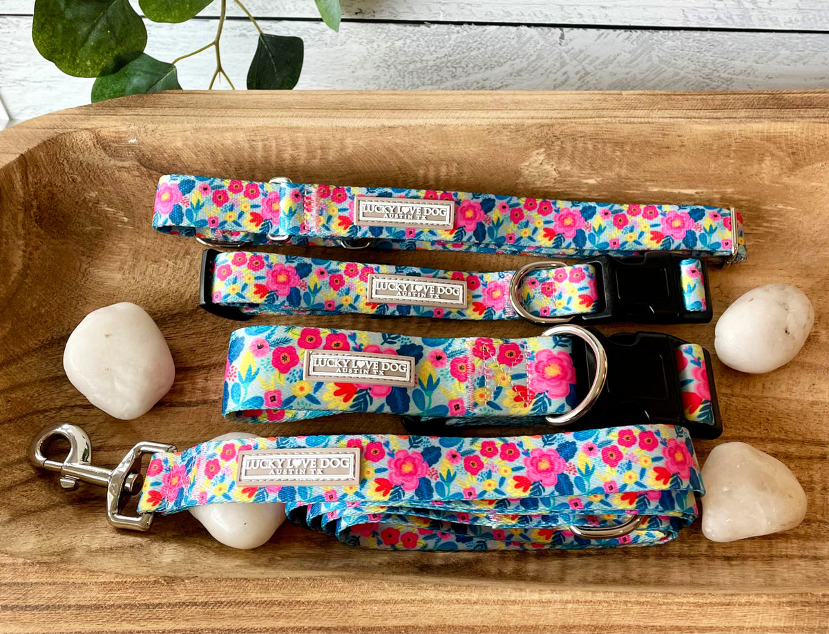 Floral Lucky Love Dog collars and leash arranged on a wooden tray with white decorative stones.