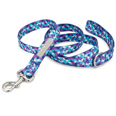 Blue geometric patterned Lucky Love Dog leash with silver clasp