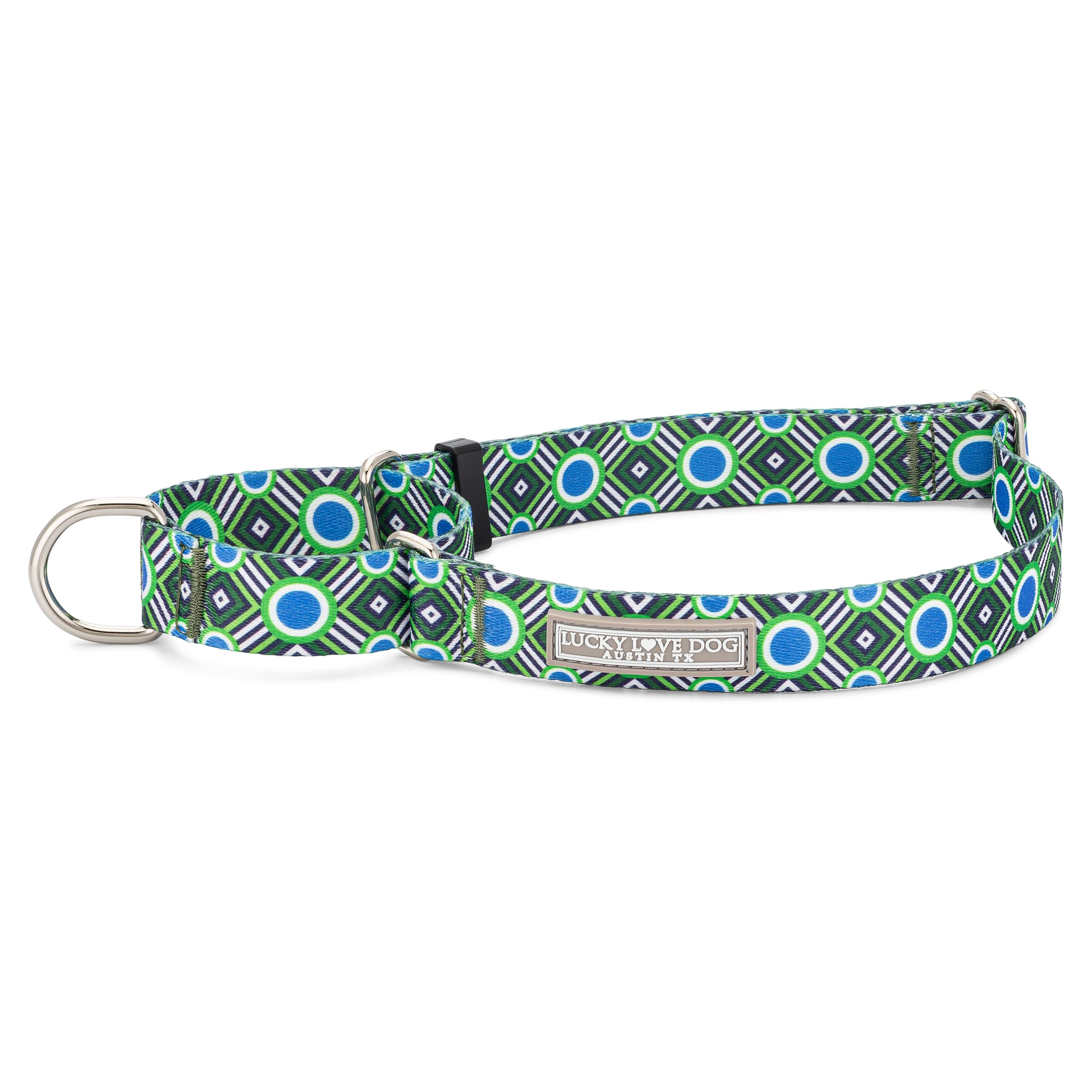 Lucky Love Dog Leo Martingale Dog Collar in Blue and Green
