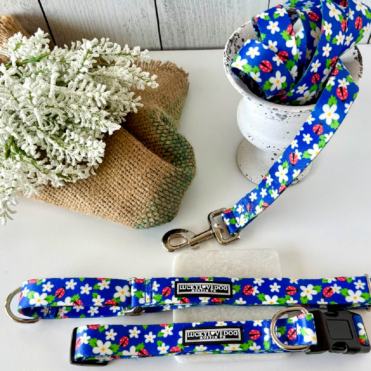 Blue collar and leash set with a daisy and ladybug pattern, displayed with burlap, white flowers, and a small vase.