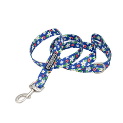 Blue dog leash with a cute pattern of white daisy flowers and red ladybugs.