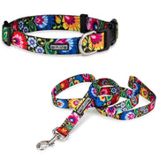 cute vivid polish floral on black background dog collar and leash