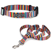 Colorful striped dog collar and leash set by Lucky Love Dog Austin, featuring vibrant stripes and durable hardware.