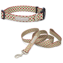Matching dog collar and leash set with green and red holiday pattern from Lucky Love Dog.