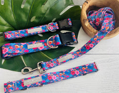 Blue floral dog collars and matching leash from Lucky Love Dog