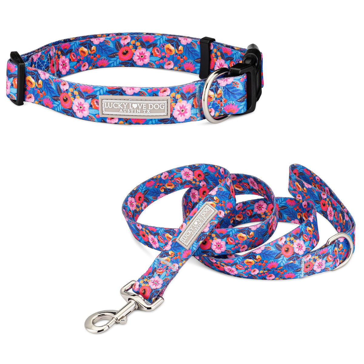 Blue floral dog collar and leash set with pink and orange flower pattern
