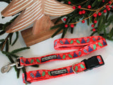 Red winter-themed Lucky Love Dog collar and leash set with mittens and hats displayed alongside festive holiday greenery.