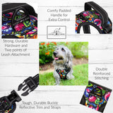 Product feature infographic for a floral dog harness with text callouts and a central image of a dog wearing the harness on grass.