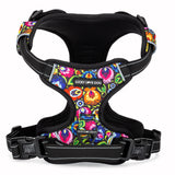 A vibrant, multicolored floral pattern padded dog harness.
