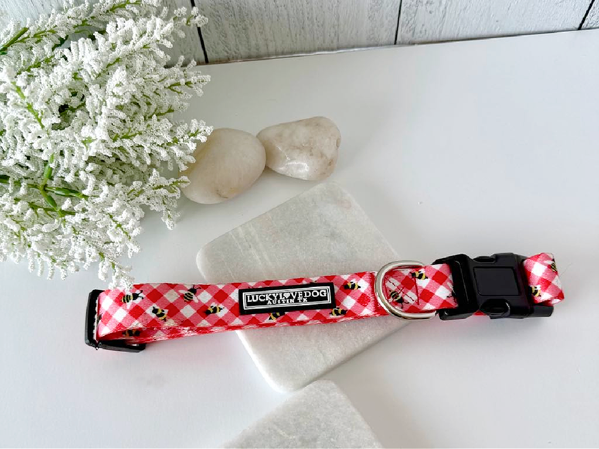 Red gingham dog collar with bumblebees, displayed on marble with white stones and flowers.