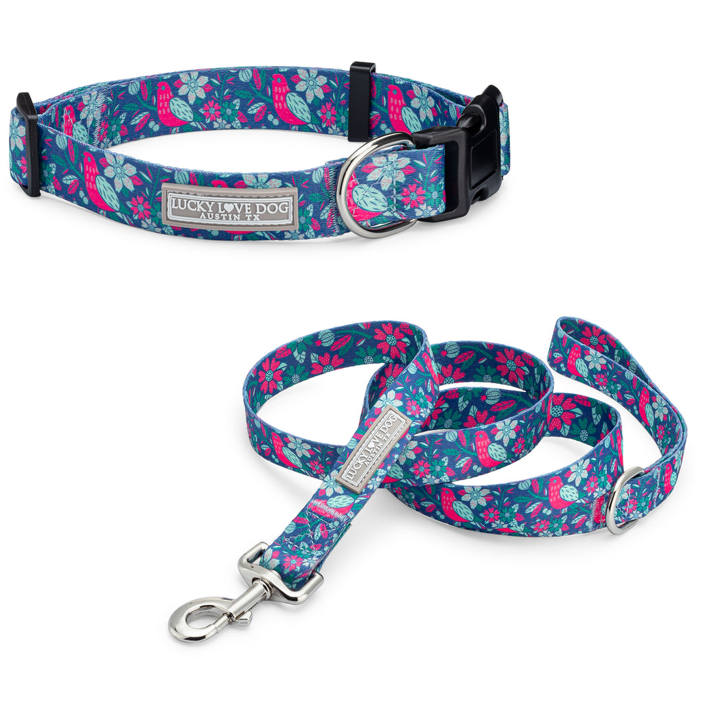 blue and pink whimsical floral botanicals and bird dog collar and leash