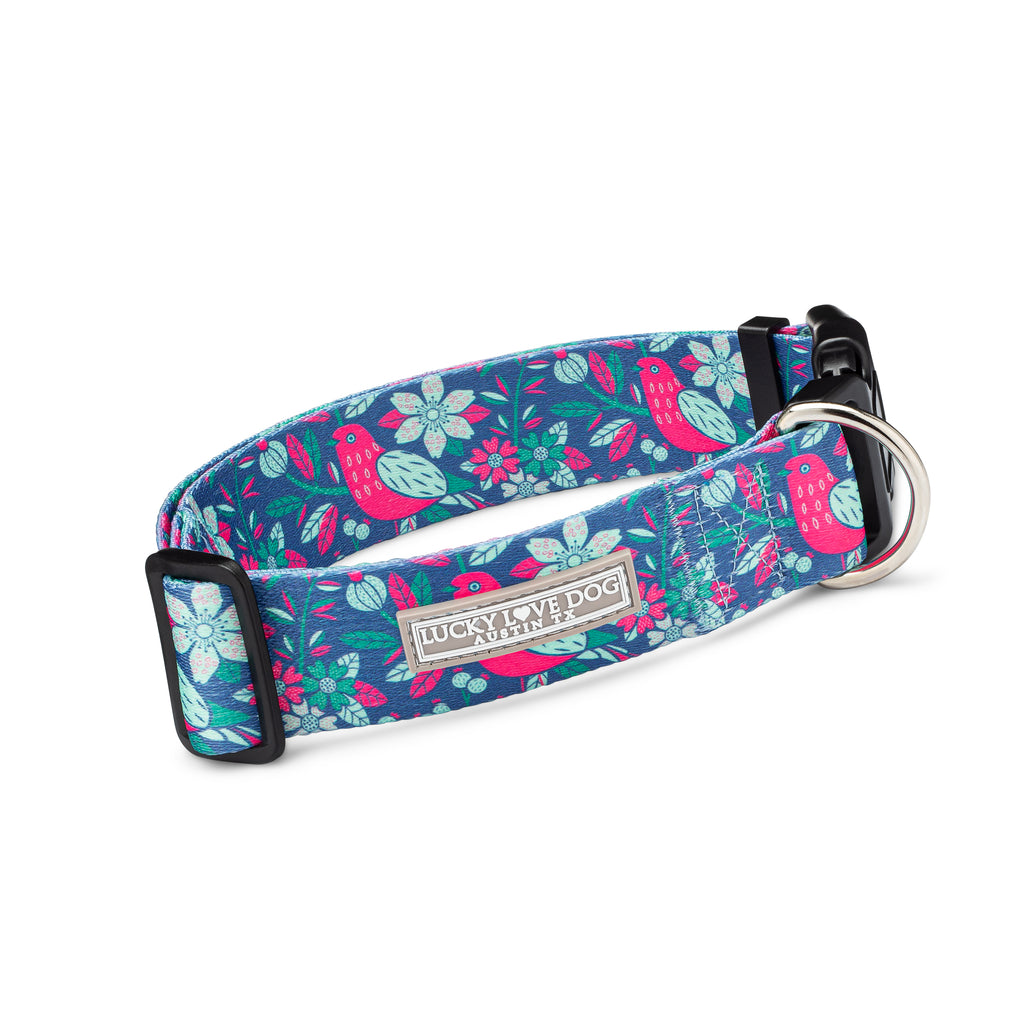 blue whimsical bird floral wide dog collar front