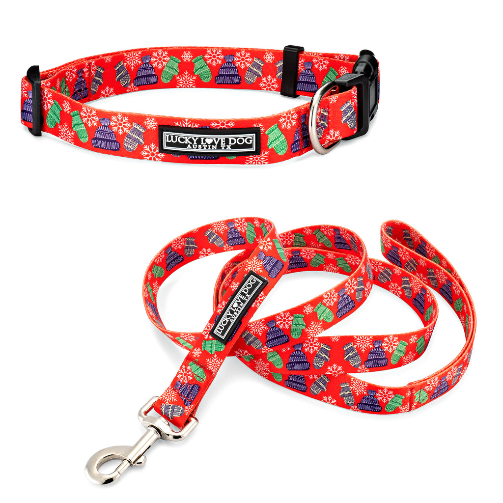 red  mitten and snowflakes christmas dog collar and leash 