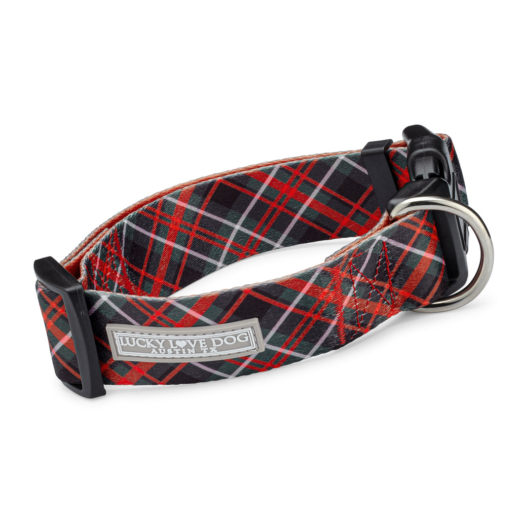 red holiday plaid wide dog collar front