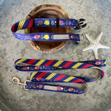blue tropical fish dog collar and leash on tray