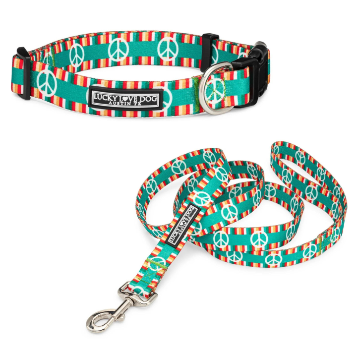 peace sign holiday striped dog collar and leash