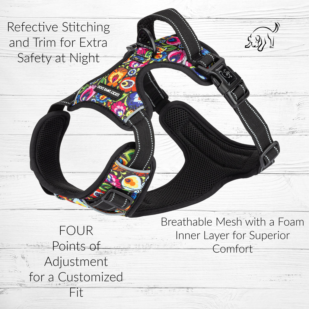 floral easy walk harness with four adjustment points for customized fit