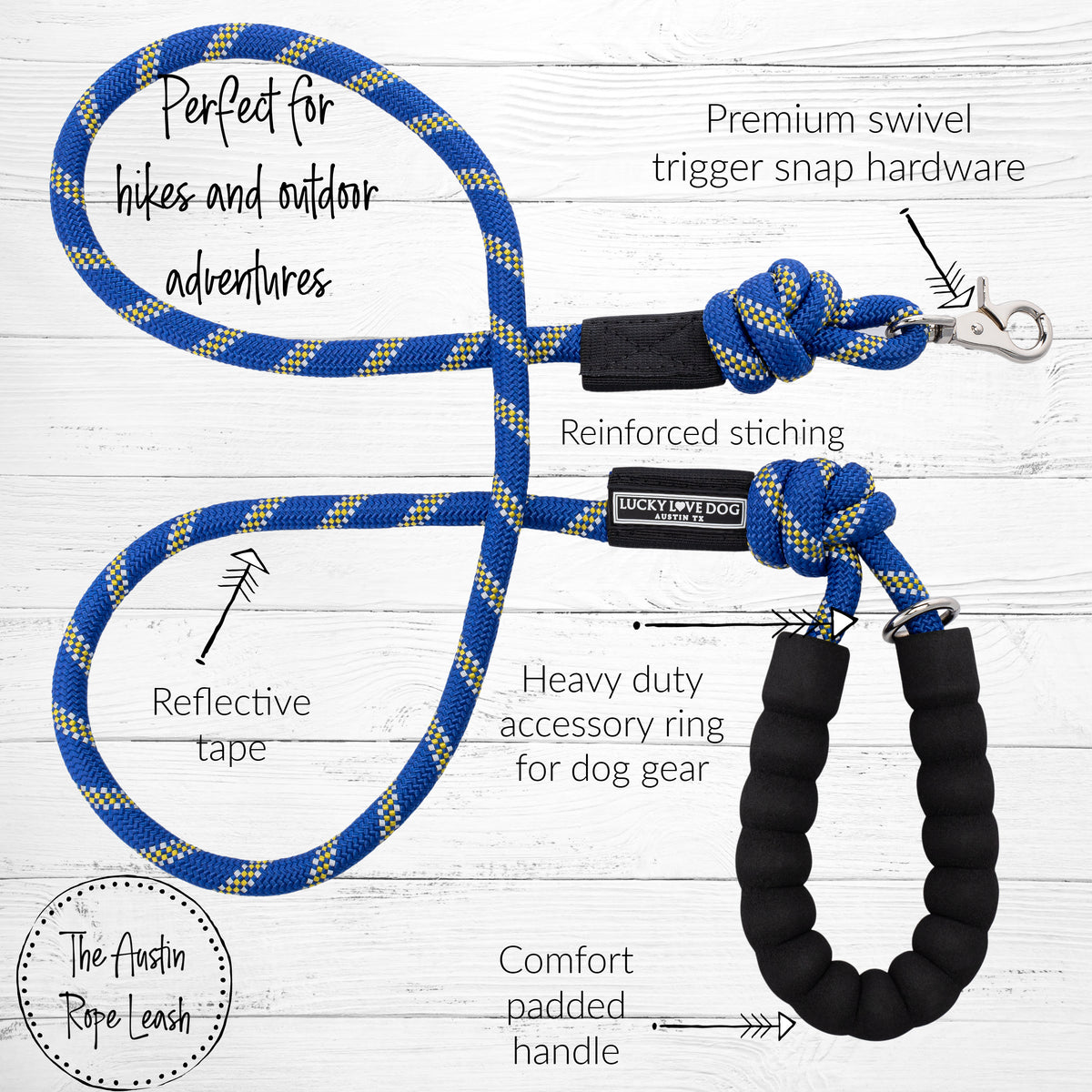heavy duty hiking leash with reflective thread and padded handle