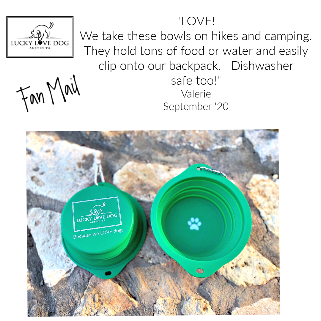A marketing graphic featuring a customer testimonial from Valerie above two green, collapsible silicone dog bowls resting on a rocky outdoor surface.