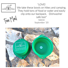 A marketing graphic featuring a customer testimonial from Valerie above two green, collapsible silicone dog bowls resting on a rocky outdoor surface.