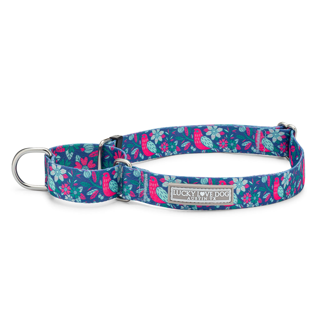 blue pink mint whimsical bird floral martingale dog collar