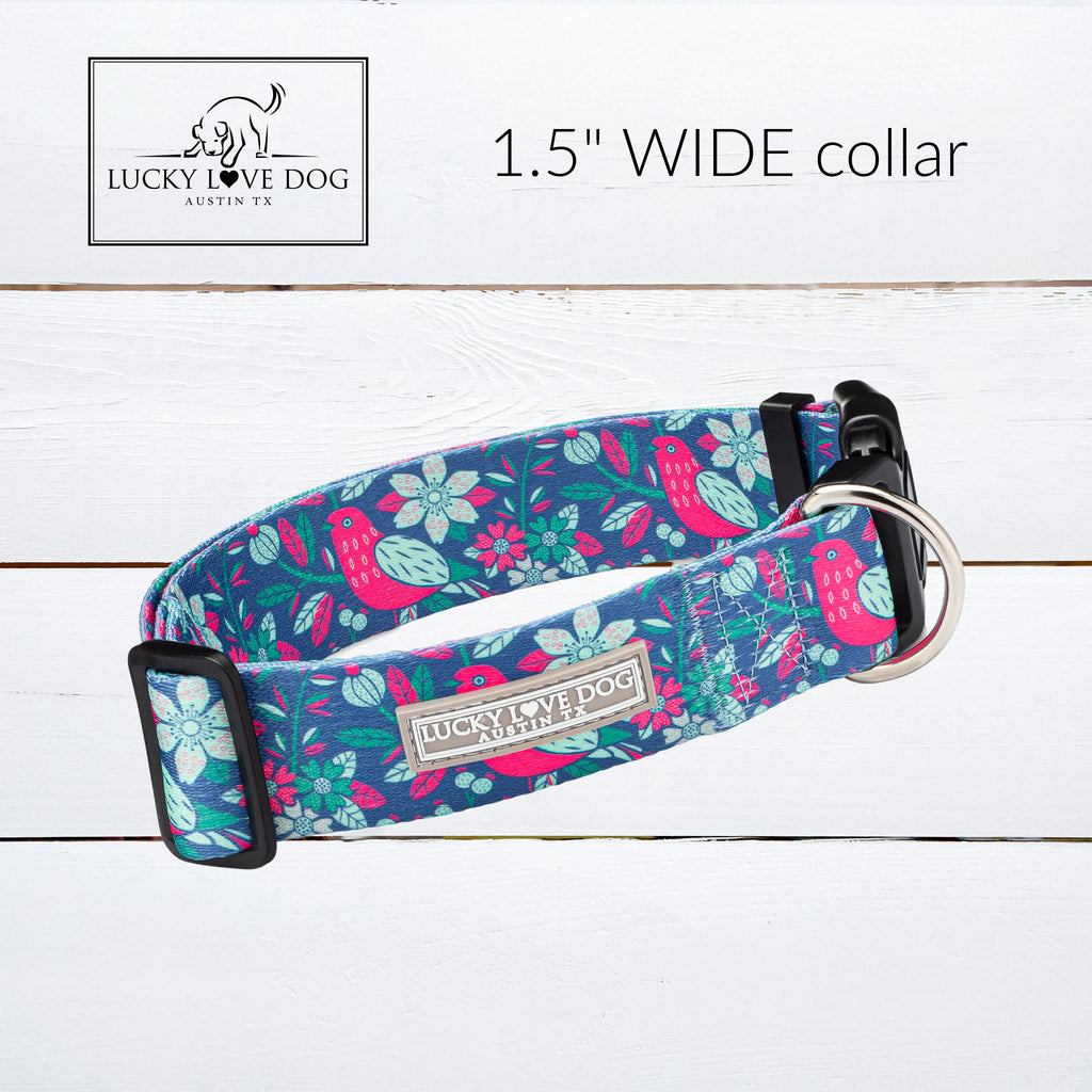whimsical bird floral wide dog collar front