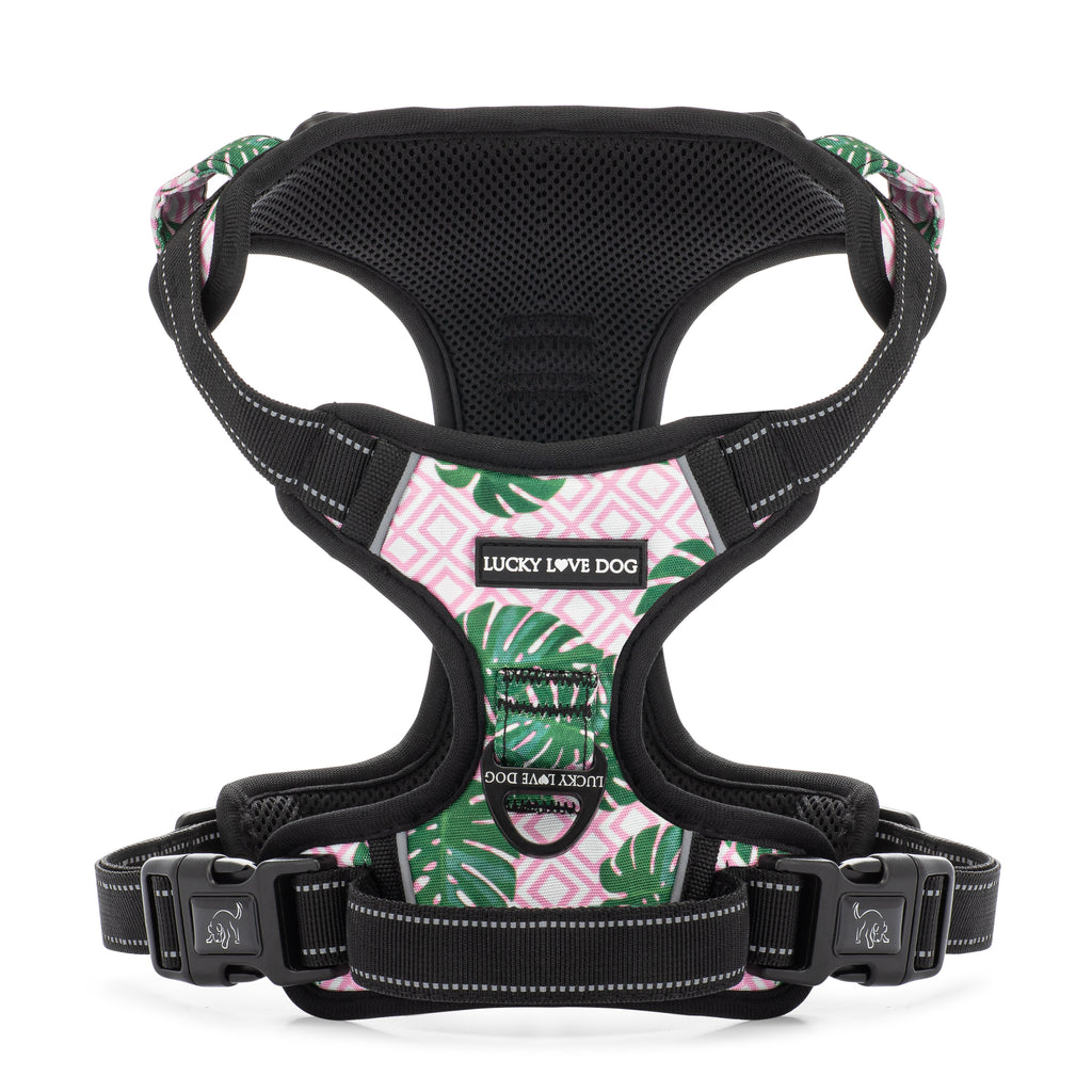tropical pink green leaves dog easy walker harness front